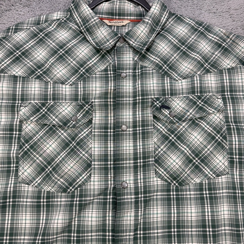 Simms Bracket LS Shirt Men 2XL Green Plaid Pearl Snap Western Wicking Zip Pkts